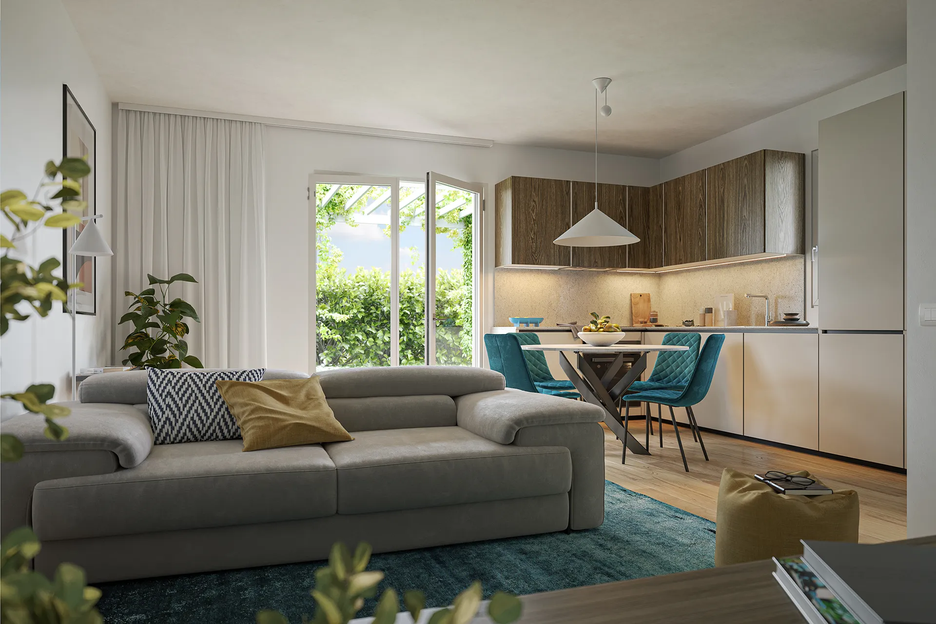 Zona living luminosa con arredi moderni e accesso diretto agli spazi esterni.